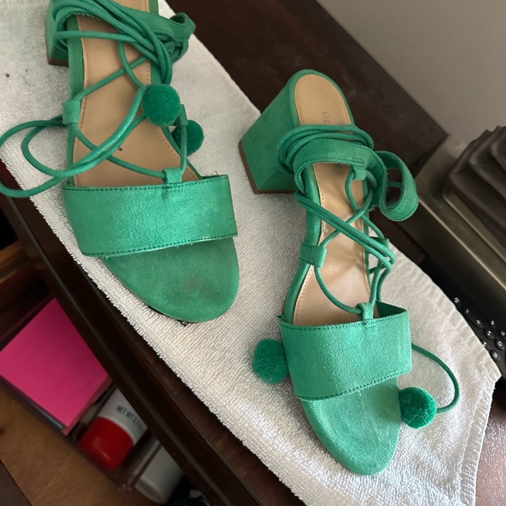 Green Lace up / low heel sandals.